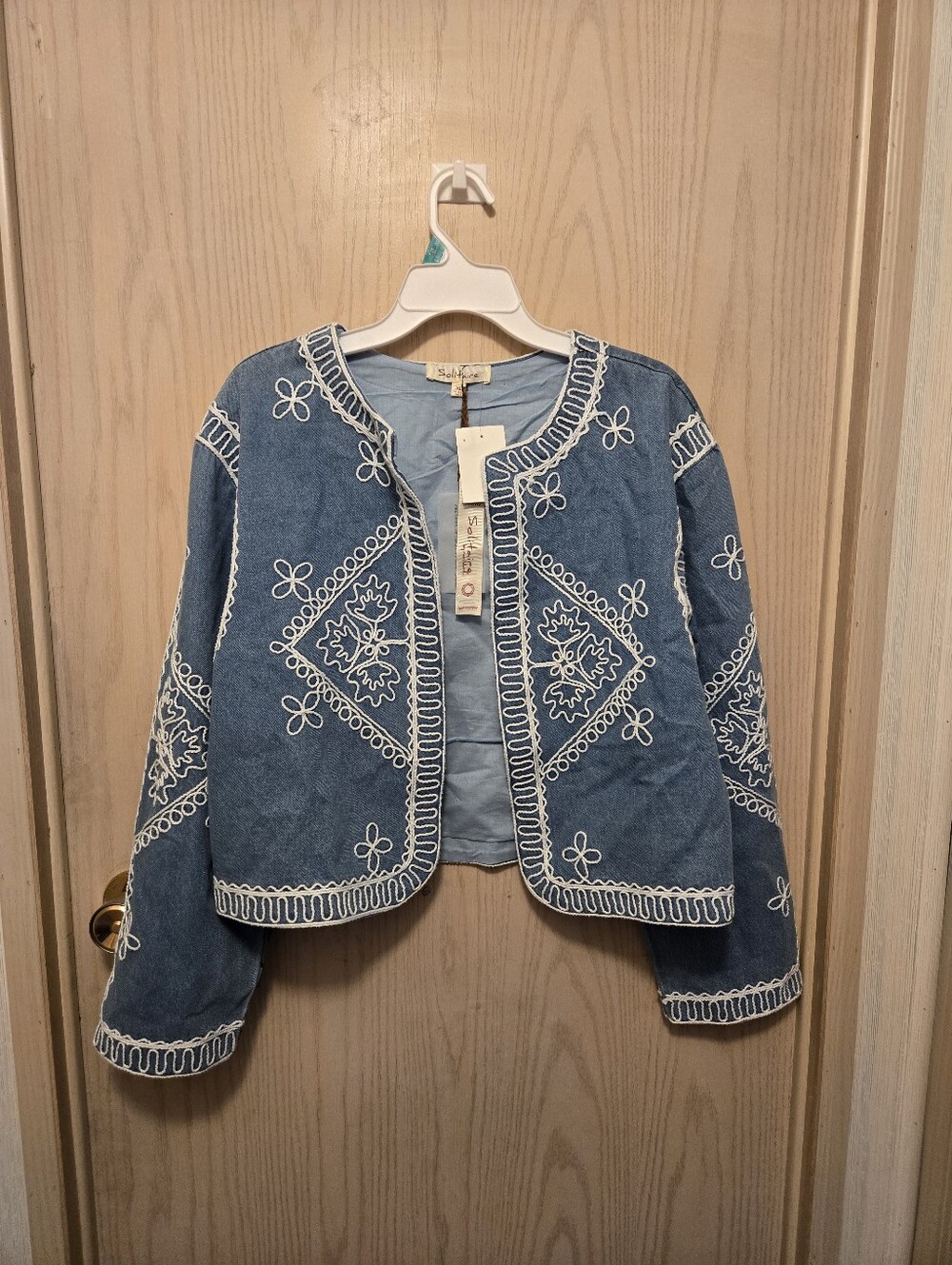 Solitaire Blue Denim Jacket with White Embroidery